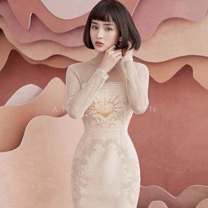 Lace Mesh Flower Embroidered Party Night Midi Bodycon Dress Size Small